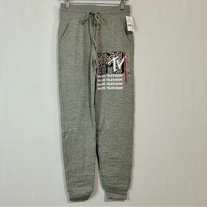 MTV Women’s Casual Drawstring Joggers MTV Leopard Print Logo Grey New with Tags